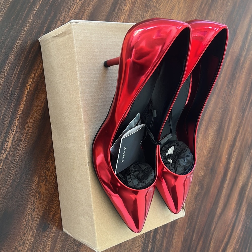 ZARA RED METALLIC COURT MID HEELS SHOES BRAND NEW WITH TAGS AND BOX US 6.5 EUR37 - Picture 6 of 7